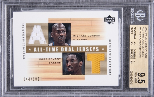 2002-03 UD Generations "All-Time Dual Jerseys" #MJ/KB-J Michael Jordan/Kobe Bryant Game Worn Jersey Patch Card (#044/100) – BGS GEM MINT 9.5